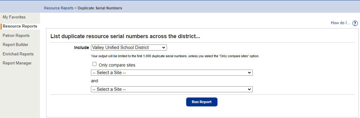Duplicate Serial Numbers district report input page.